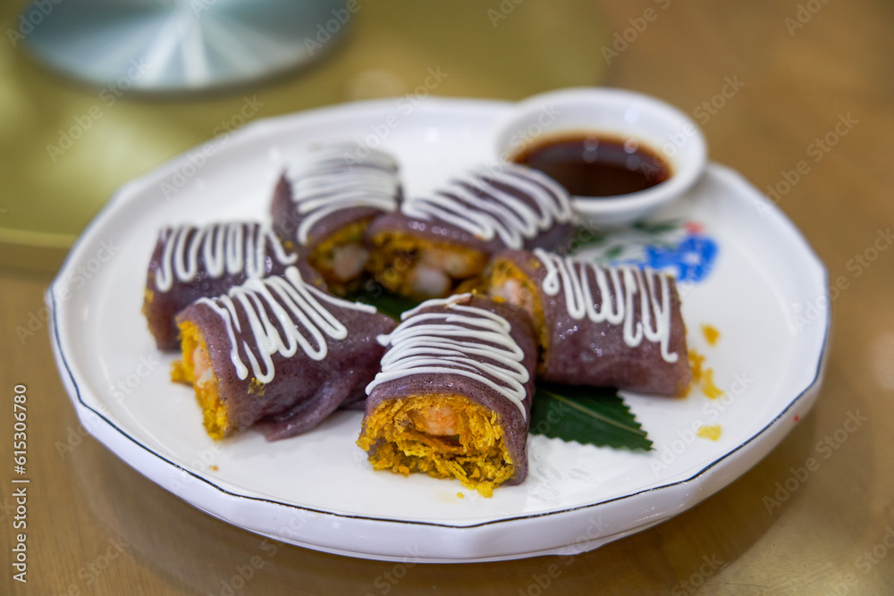 A delicious Cantonese-style morning tea snack, fresh shrimp and red rice rolls