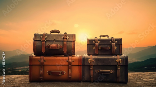 Vintage travel valises with leather. Generative Ai