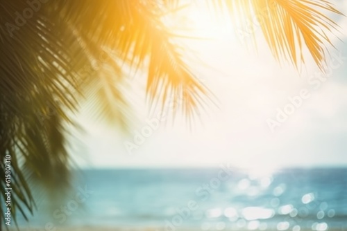 Empty wide bar with blurred coconut tree on beach scene background coconut leaf on frame for product display mockup outside summer day time. Resort clean wood desk board on nature view.