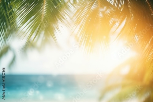 Empty wide bar with blurred coconut tree on beach scene background coconut leaf on frame for product display mockup outside summer day time. Resort clean wood desk board on nature view. © Art Stocker