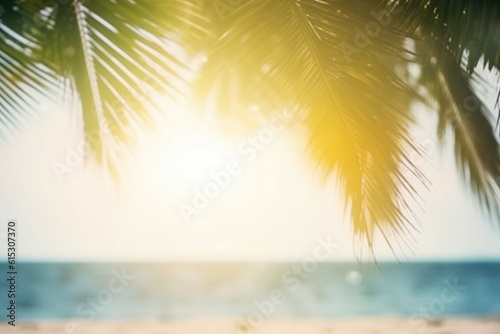 Empty wide bar with blurred coconut tree on beach scene background coconut leaf on frame for product display mockup outside summer day time. Resort clean wood desk board on nature view.