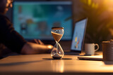 Hourglass on desk with man working by laptop on blurred background. Generative AI
