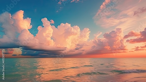 Beautiful cloud over ocean water at sunset in Golden pink blue