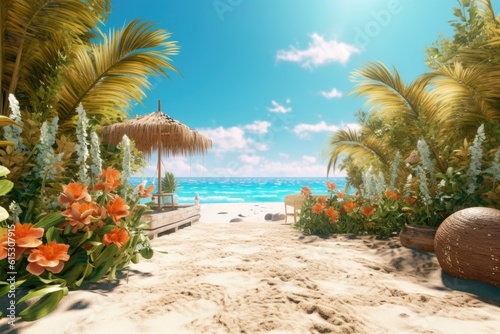 Empty wide bar with blurred coconut tree on beach scene background coconut leaf on frame for product display mockup outside summer day time. Resort clean wood desk board on nature view.