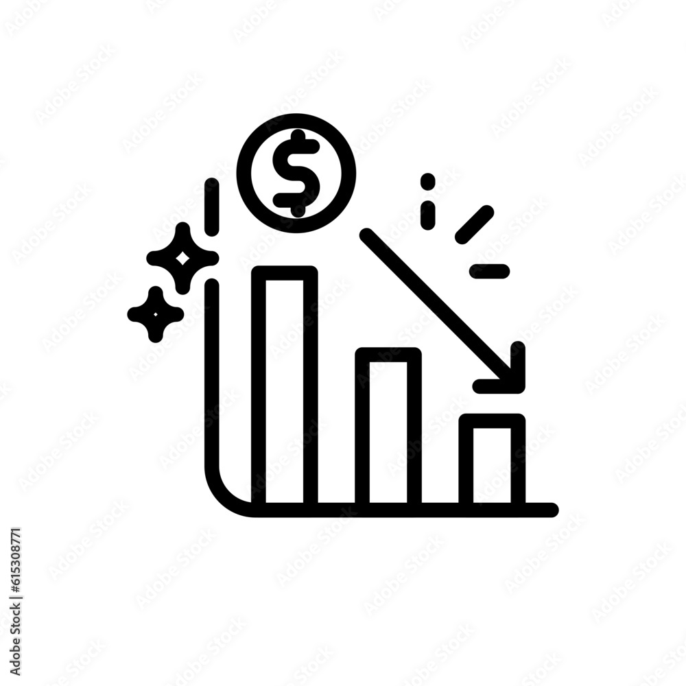 Cost reduction business and finance icon with black outline style. cash, economic, advice, increase, report, idea, process. Vector Illustration