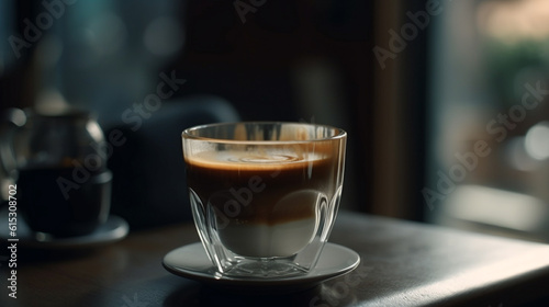 coffee cup on table with early morning lighting in coffee shop background collection of beverage, coffee theme