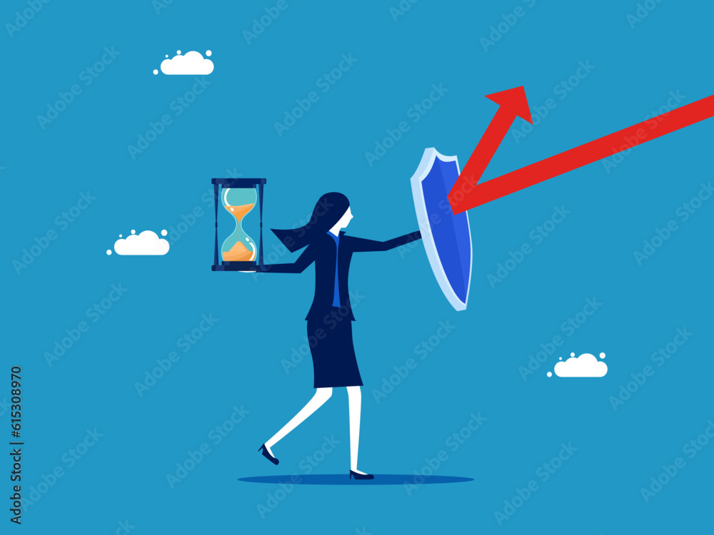 Protect time. Businesswoman with shield protect hourglass from arrow attack vector