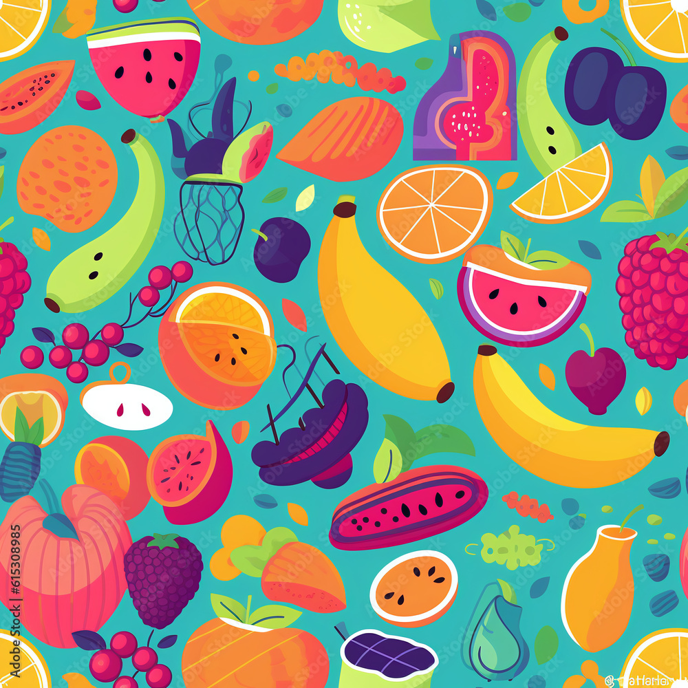 Seamless Pattern with Cartoon Fruits in bright colors.