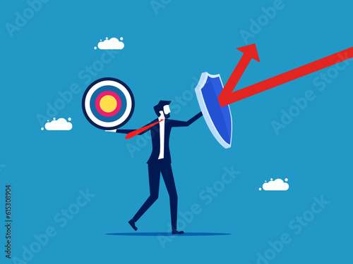 Target defense. Businessman with shield attacking target from arrow vector © Nastudio