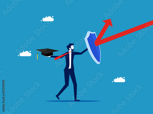 Protect learning. Businessman with shield protects graduation cap from arrow attack vector