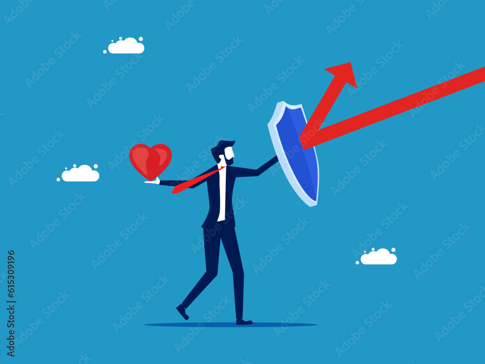 Protect the mind. Businessman holding a shield to protect the heart. vector