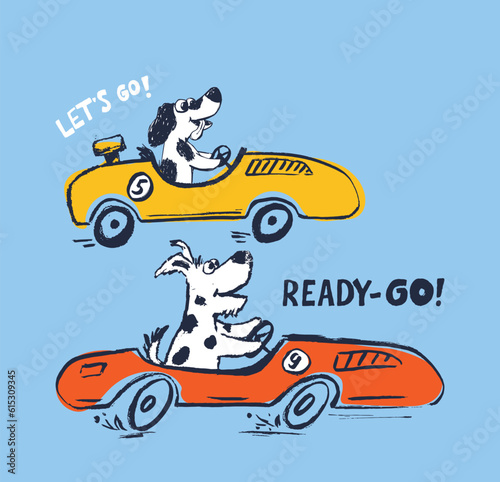 Dog racing car funny cool summer t-shirt print design. Race speed sports cabriolet auto. Slogan. Drive animal © Vasileva