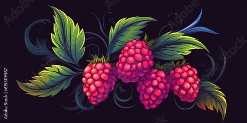 Fresh Organic Loganberry Berry On Dark Background, Horizontal Trendy Illustration. Healthy Vegetarian Diet. Ai Generated Bright Trendy Illustration with Delicious Juicy Loganberry Berry.