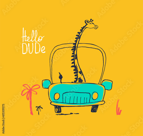 Giraffe on car funny cool summer t-shirt print design. Road trip on cabriolet automobile. Slogan. Drive vacation safari