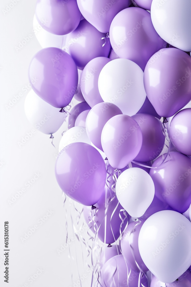 fliegende lila violet und weiße Ballons auf hellem Hintergrund. Generative Ai. fliegende lila violet und weiße Ballons auf hellem Hintergrund. Generative Ai.
