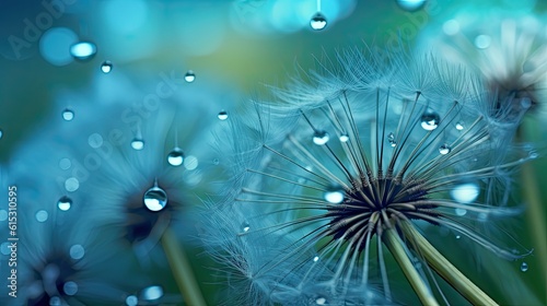 Dandelion Seeds in droplets of water on blue and turquoise
