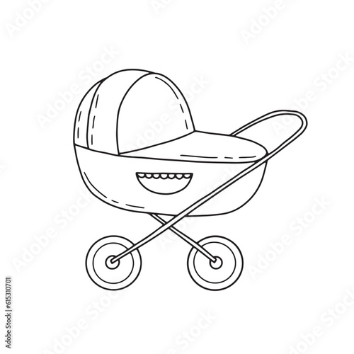 Vector illustration of baby stroller. Doodles. Items for newborns