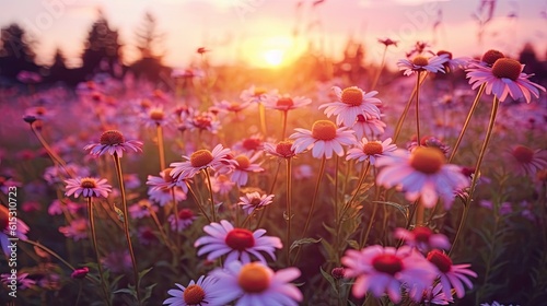 Many flowers meadow daisies in field in nature in evening at sunset