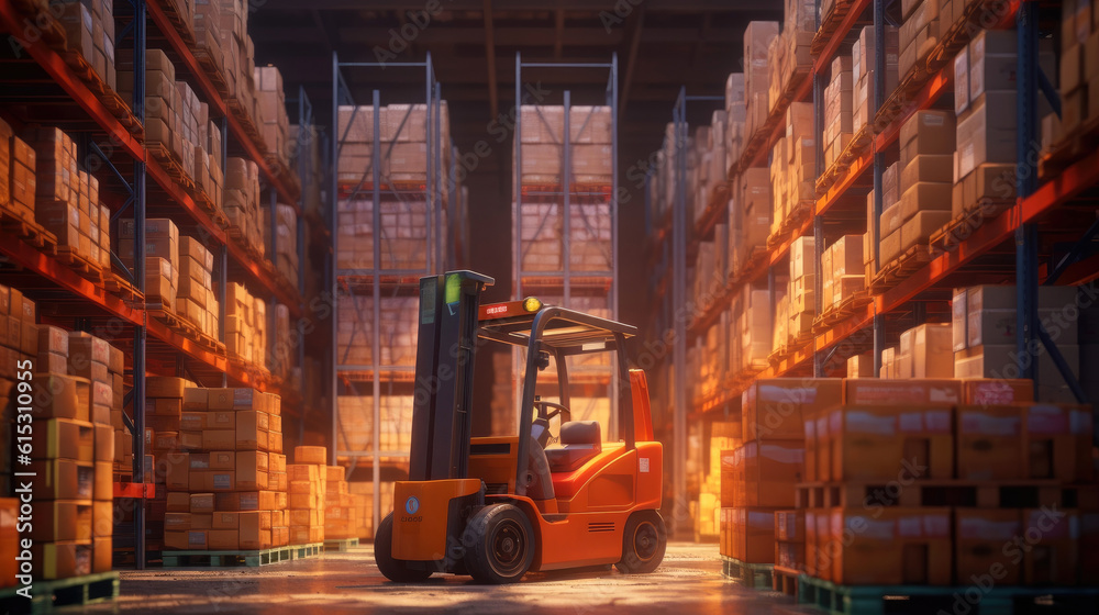 Forklift for moving items in a commercial warehouse. Generative AI