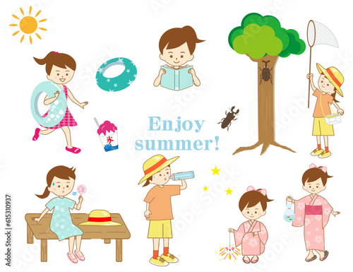 夏の遊びを楽しむ女の子のセット