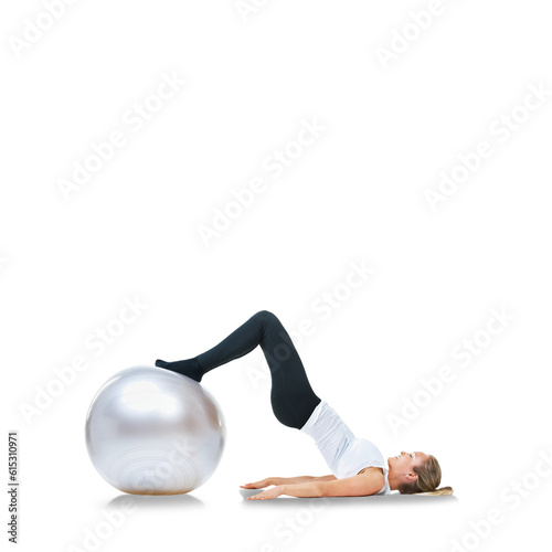 Fotografija Woman, exercise ball and butt workout with hip thrust and fitness training with balance