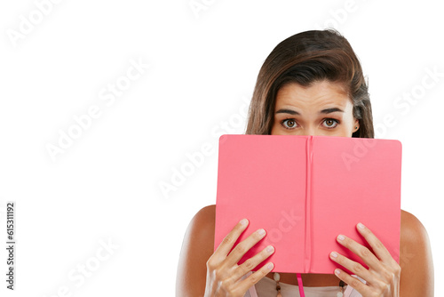Isolated woman, hide face and book with reading, secret or studying by transparent png background. Girl, student and literature for analysis, learning or education with deal, cover mouth and portrait