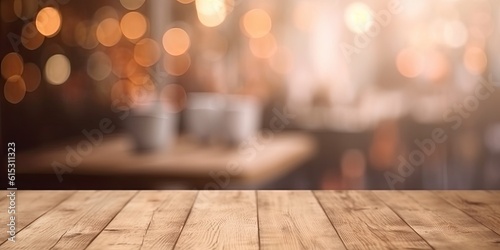 This stunning coffee shop photograph featuring a cozy shelf and table setup, perfect for a cafe or restaurant decor. The bokeh effect in the background adds a touch of magic to the scene © Thares2020