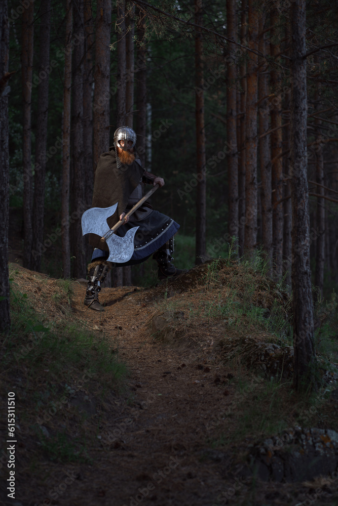 Fantasy medieval red-haired gnome warrior with beard with huge ax halberd in forest Fantasy medieval red-haired gnome warrior with beard with huge ax halberd in forest