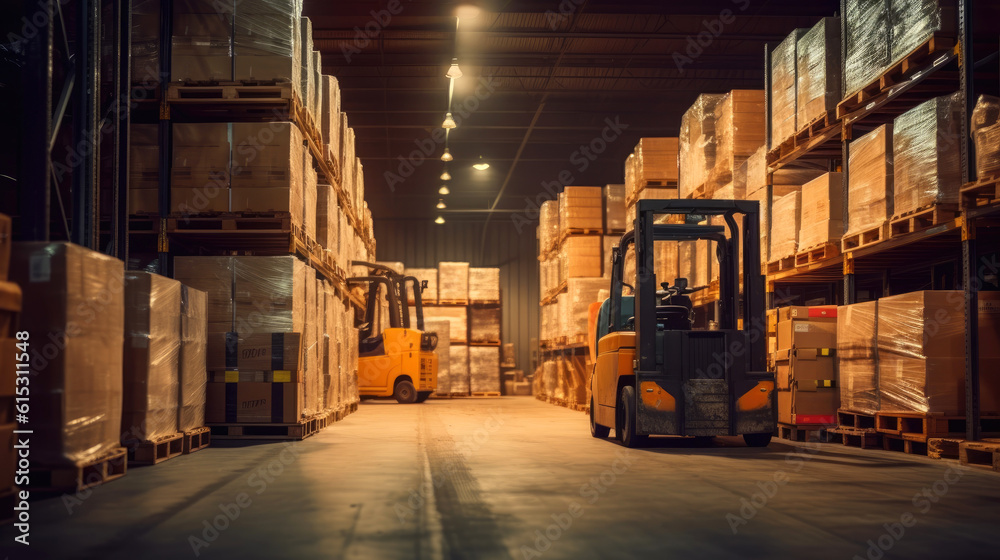 Forklift for moving items in a commercial warehouse. Generative AI Forklift for moving items in a commercial warehouse. Generative AI