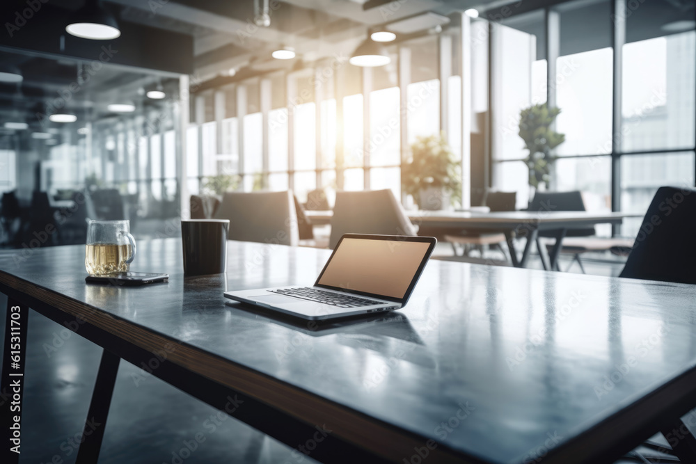 Professional Workspace: Empty Meeting Room with Laptop on Table Generative AI Professional Workspace: Empty Meeting Room with Laptop on Table Generative AI