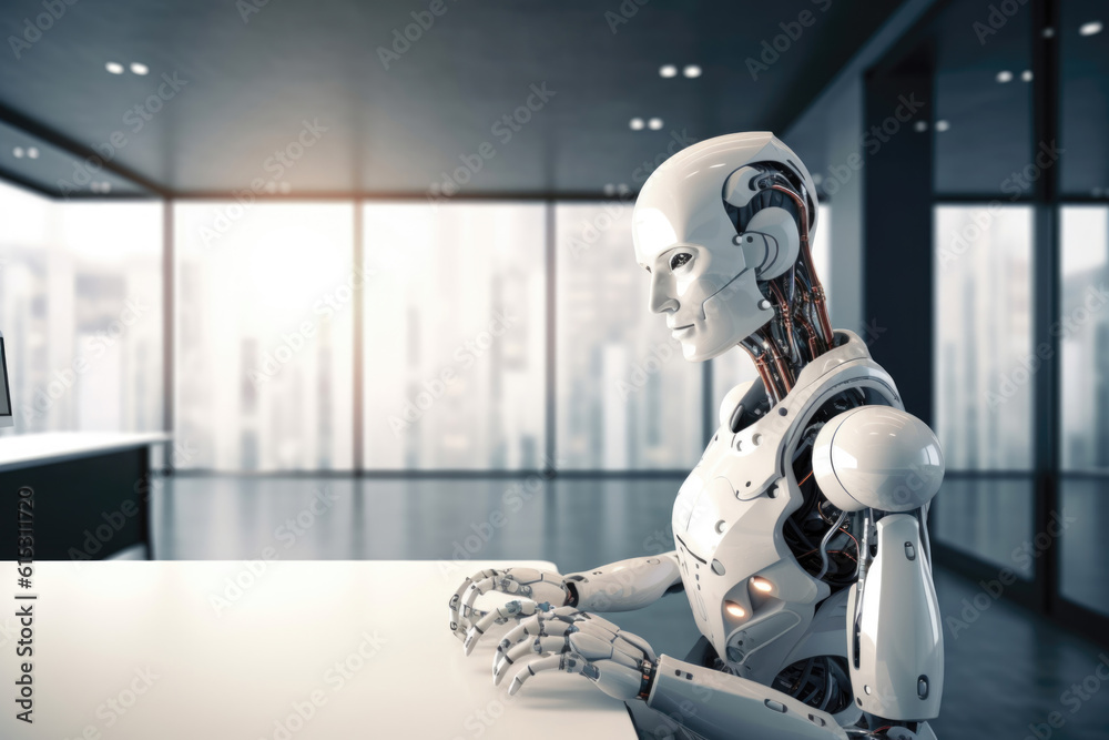 White AI Robot Sitting in Office at Desk in a Meeting Waiting Science Military Defense Technology Business Generative AI