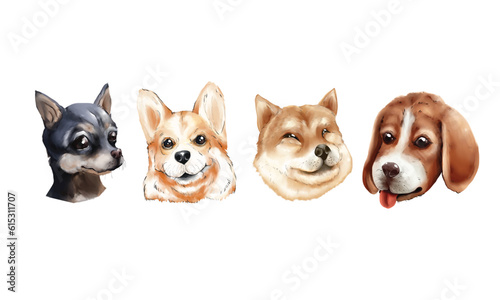 Set of watercolor portraits Chihuahua, corgi, shiba and beagle isolated on white background.