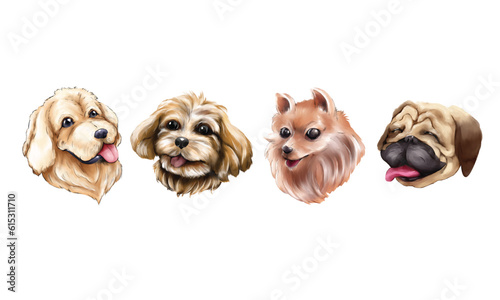 Set of watercolor portraits golden retriever, havanese, pomeranian and pug isolated on white background.