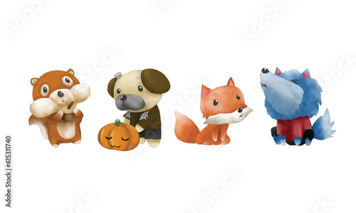 Set of Halloween cute cartoon character illustation watercolor style isolated on white background