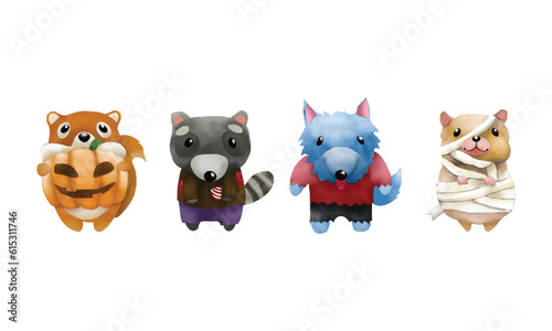 Set of Halloween cute cartoon character standing illustation watercolor style isolated on white background