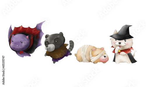 Set of Halloween cute cartoon character illustation watercolor style isolated on white background