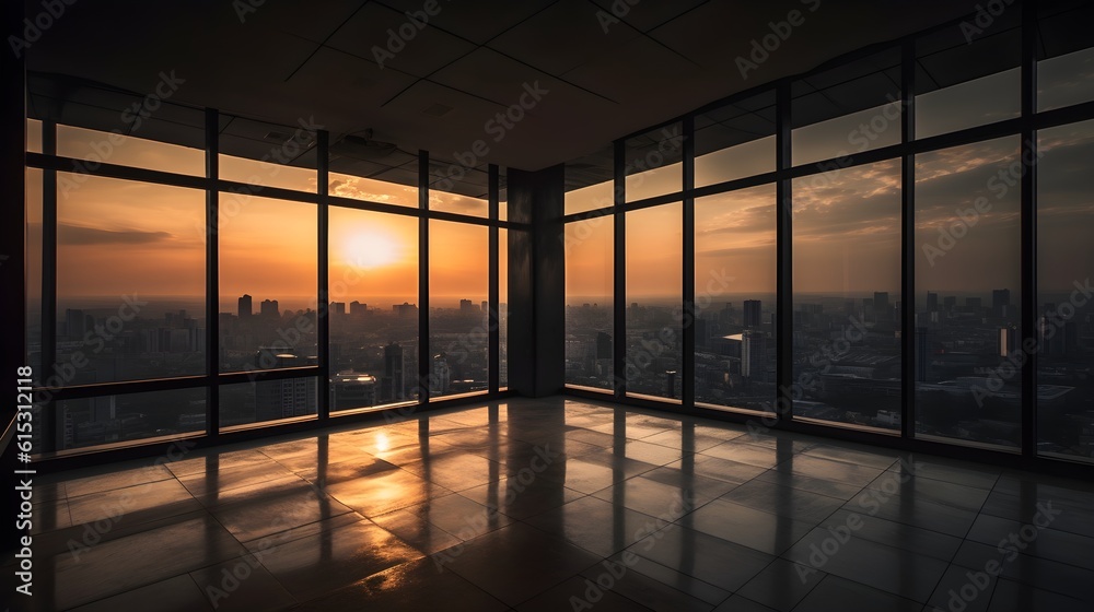 Large empty open space office or apartment loft high rise building with ...