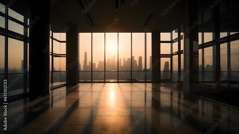 Large empty open space office or apartment loft high rise building with glass window surround it with city view beautiful evening city sunset. Generative AI technology. Large empty open space office or apartment loft high rise building with glass window surround it with city view beautiful evening city sunset. Generative AI technology.