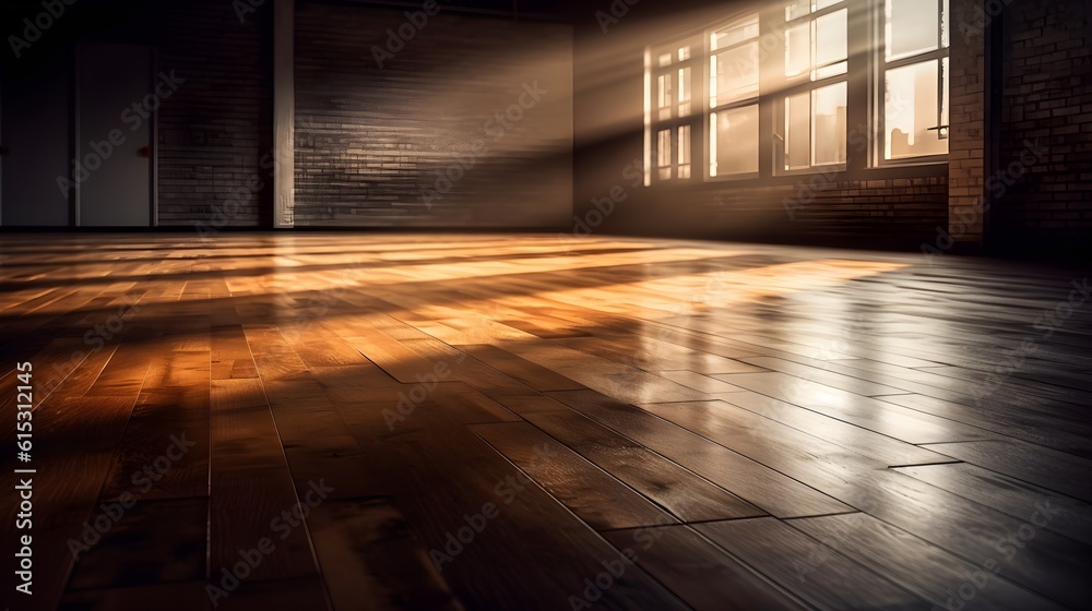 Large empty open space office or apartment loft or studio with some glass window view beautiful evening city sunset. Generative AI technology. Large empty open space office or apartment loft or studio with some glass window view beautiful evening city sunset. Generative AI technology.