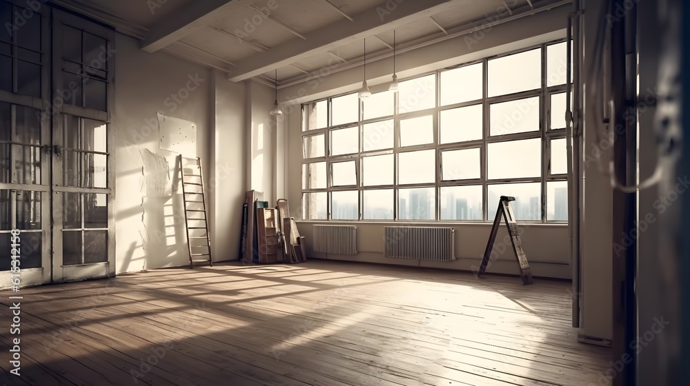 Large empty open space office or apartment loft or studio with some glass window view beautiful day light city sunset. Construction or renovation concept. Generative AI technology.