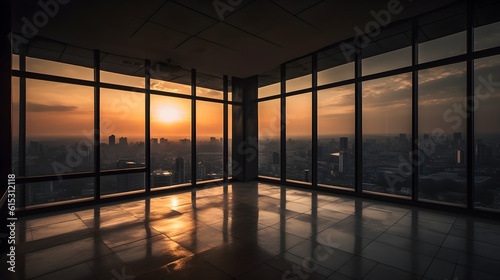 Large empty open space office or apartment loft high rise building with glass window surround it with city view beautiful evening city sunset. Generative AI technology.