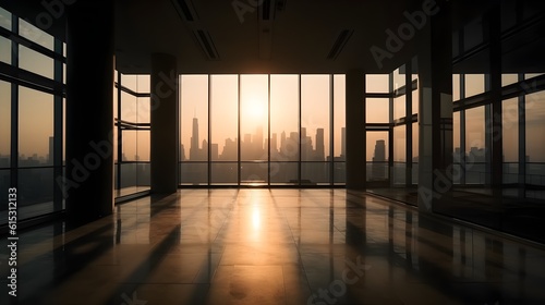 Large empty open space office or apartment loft high rise building with glass window surround it with city view beautiful evening city sunset. Generative AI technology. © Riocool