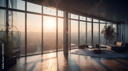 Cozy minimalist living room in a high rise building apartment loft with glass window surrounded beautiful city view. Generative AI technology.