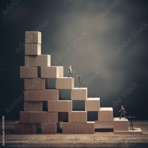Stacks of cardboard boxes climbed by small characters, illustration of society, work, success