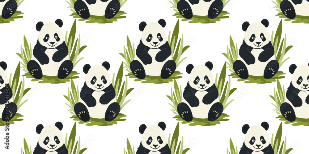Seamless pattern with cute pandas with bamboo, vector illustration