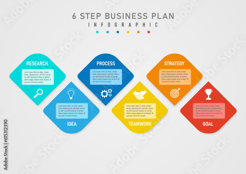 infographic template 6 step business plan to growth rounded triangle multi color square frame in the center with icons letters in the corners gray gradient background design for marketing, product