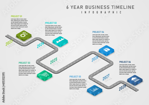 3d infographic timeline 6 years gray road top letter Multi-colored isometric squares have icons in the center. year numbers with shadow gray gradient background for business, marketing, project