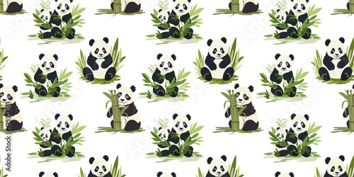 Seamless pattern with cute pandas with bamboo, vector illustration
