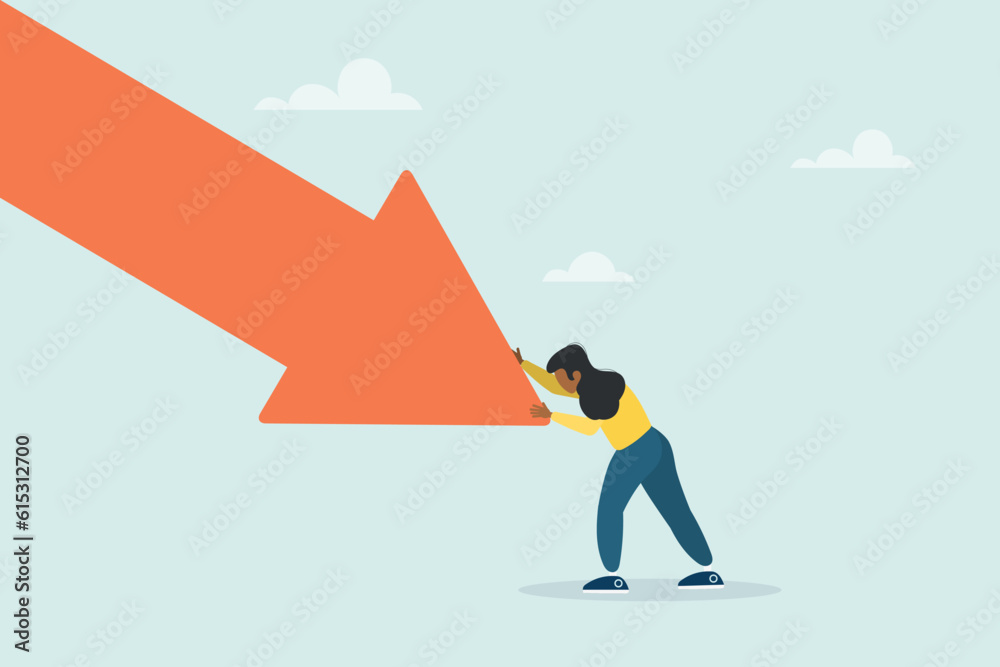 The girl pushes the falling arrow with all her might. Survive an investment crash, a crisis or recession, a pushback or an attempt to win in business, an economic downturn. Vector illustration.
The girl pushes the falling arrow with all her might. Survive an investment crash, a crisis or recession, a pushback or an attempt to win in business, an economic downturn. Vector illustration.