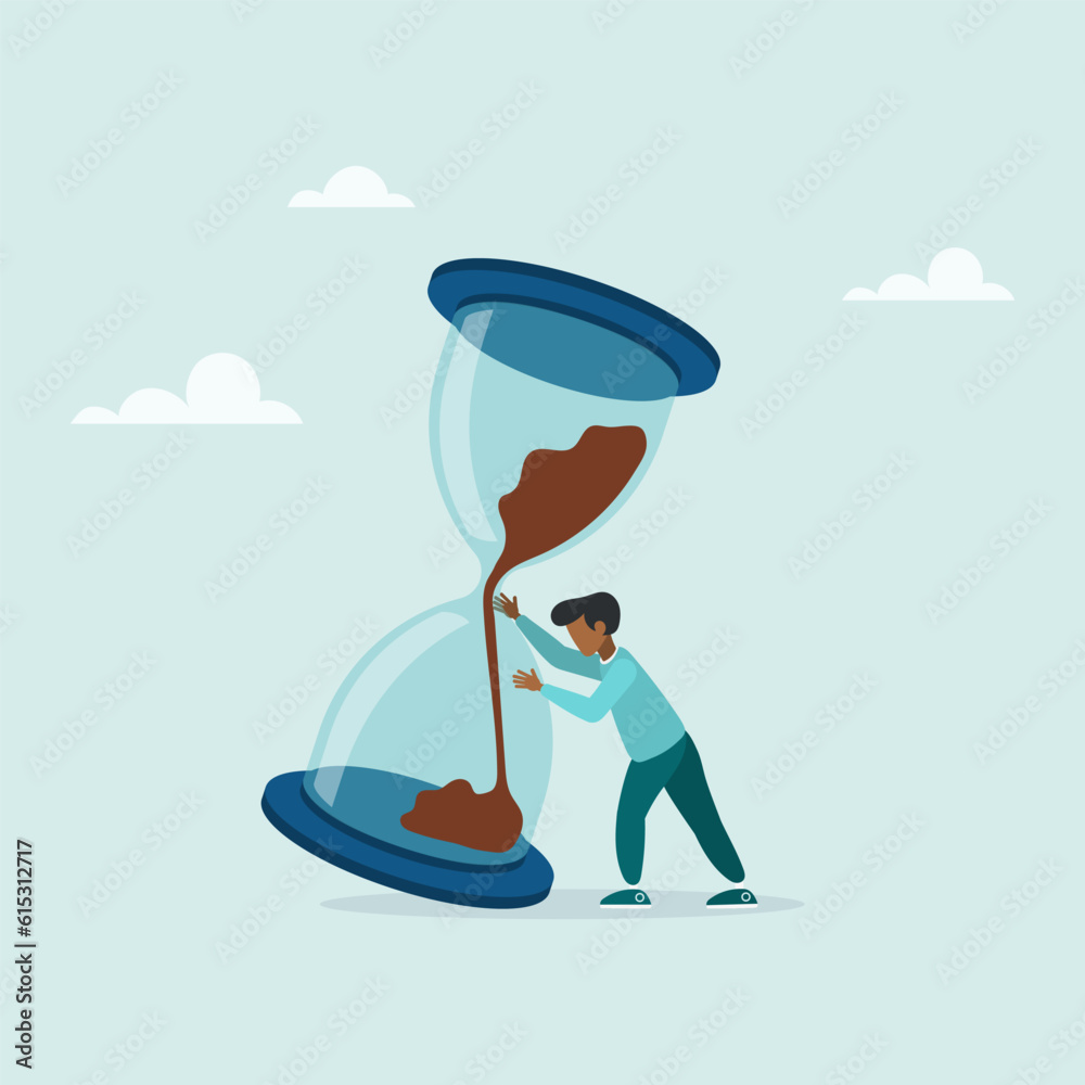 Nervous guy tries to stop the hourglass before it falls. Project deadline, lack of time or time management. Vector flat style illustration.

